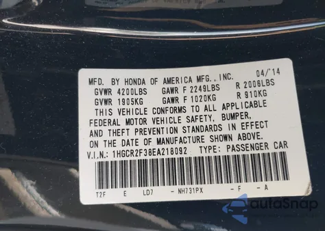2014 Honda Accord Lx from USA, damaged, VIN 1HGCR2F38EA218092